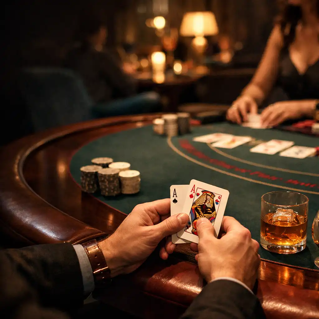 Fyzický blackjackový stůl se skutečnými kartami a rukama hostů v intimním večerním interiéru