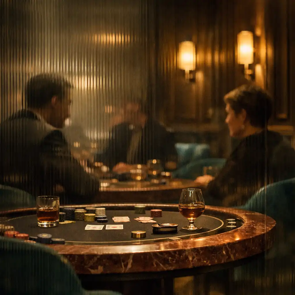Pohled přes kouřové sklo do ztlumeného interiéru Casino Lounge s fyzickým stolem