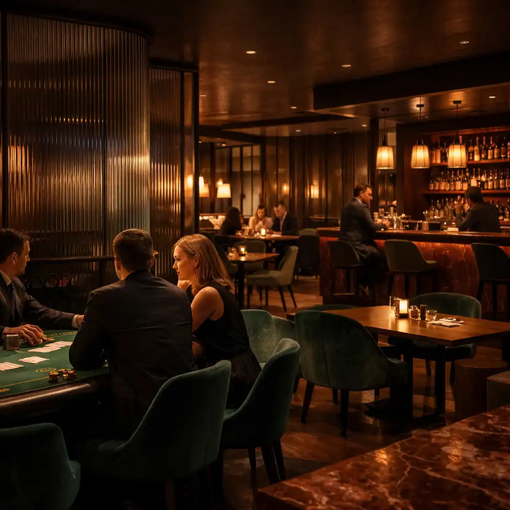 Široký pohled do Casino Lounge s blackjackovým stolem, barem a jídelním prostorem v pozadí