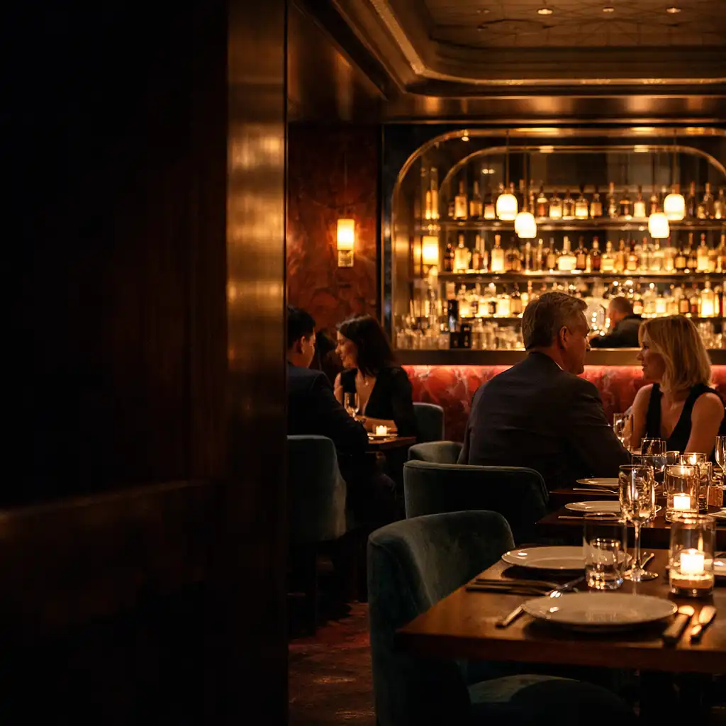 Večerní pohled přes elegantní dining room směrem ke cocktail baru