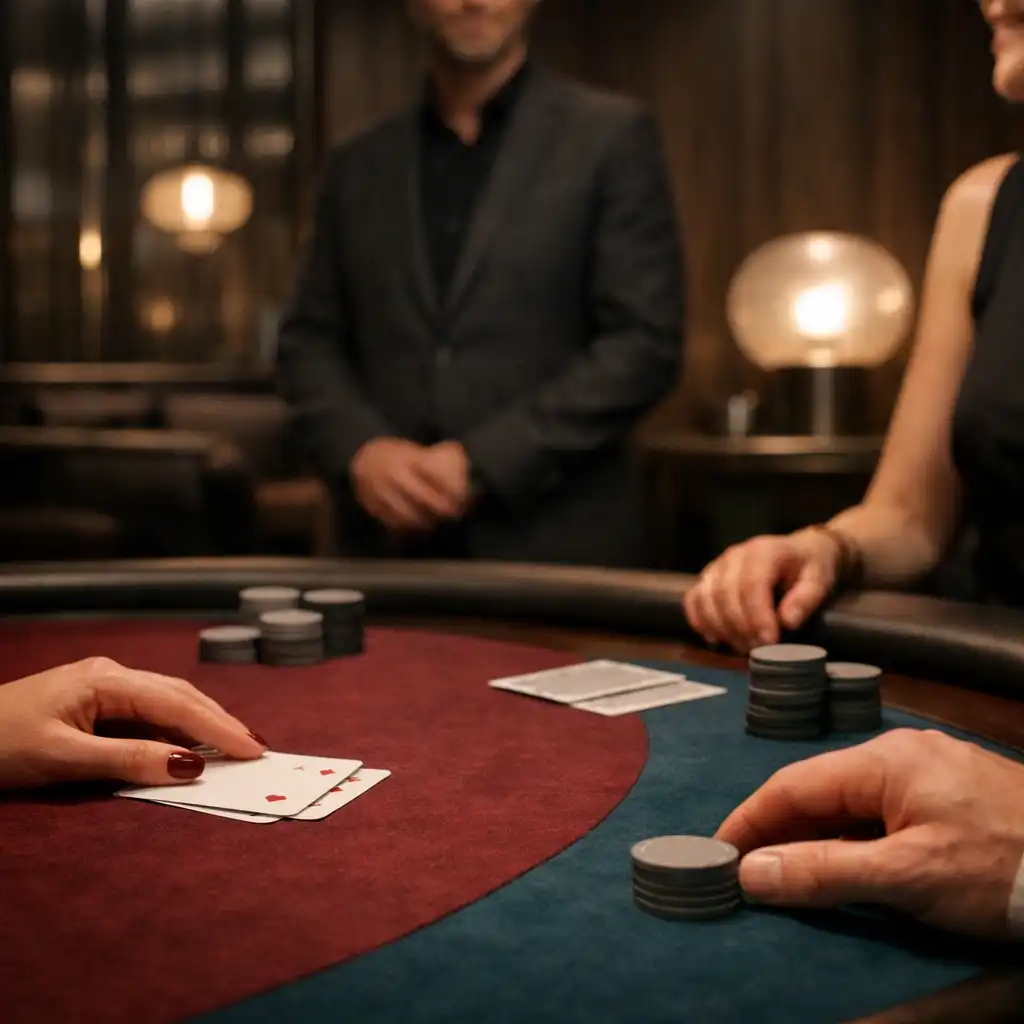 Ruce hostů u fyzického stolního programu v komorním Casino Lounge