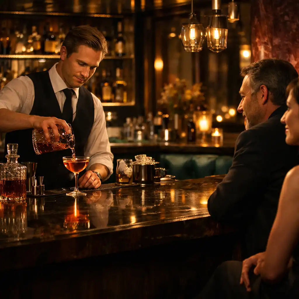 Večerní cocktail bar s barmanem a hosty v tichém rozhovoru