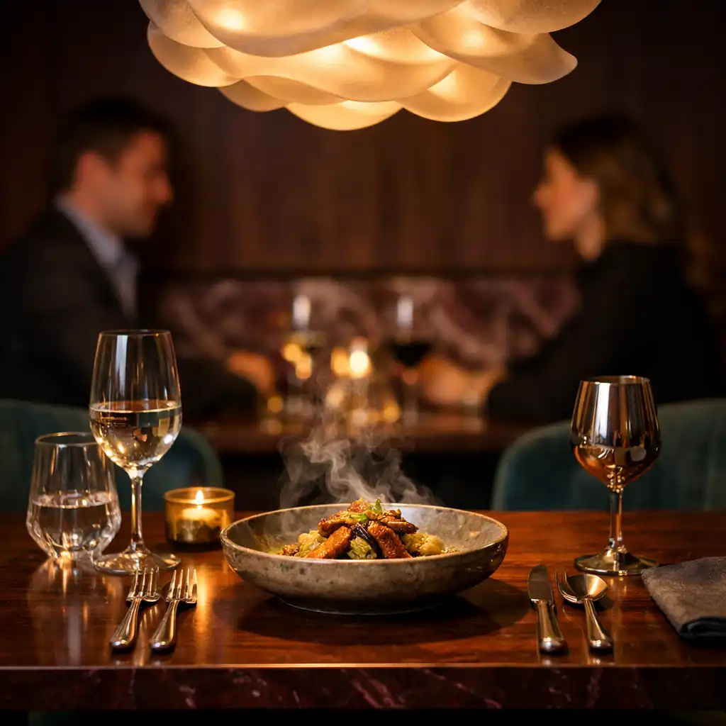 Prostřený stůl pod sochařským svítidlem v elegantním dining roomu