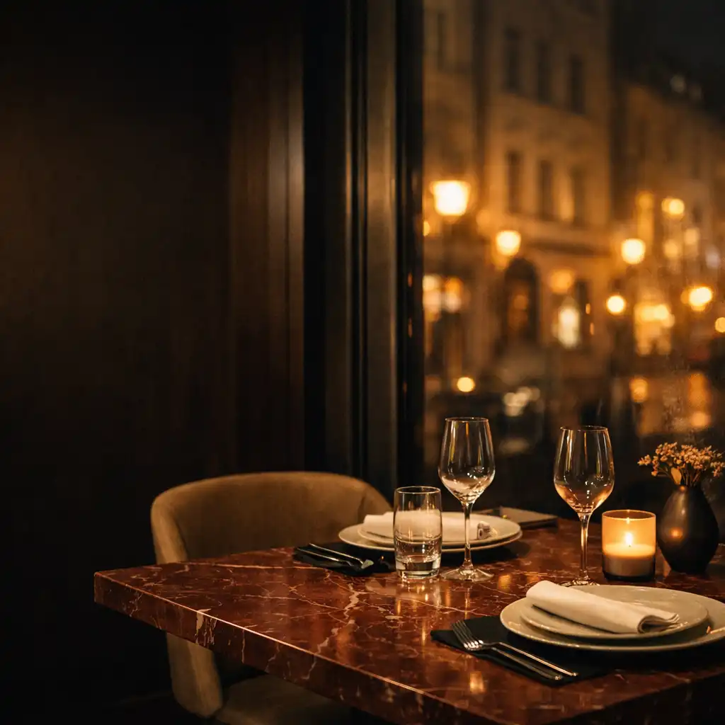 Elegantní stůl u vysokého okna s nočním městským odrazem