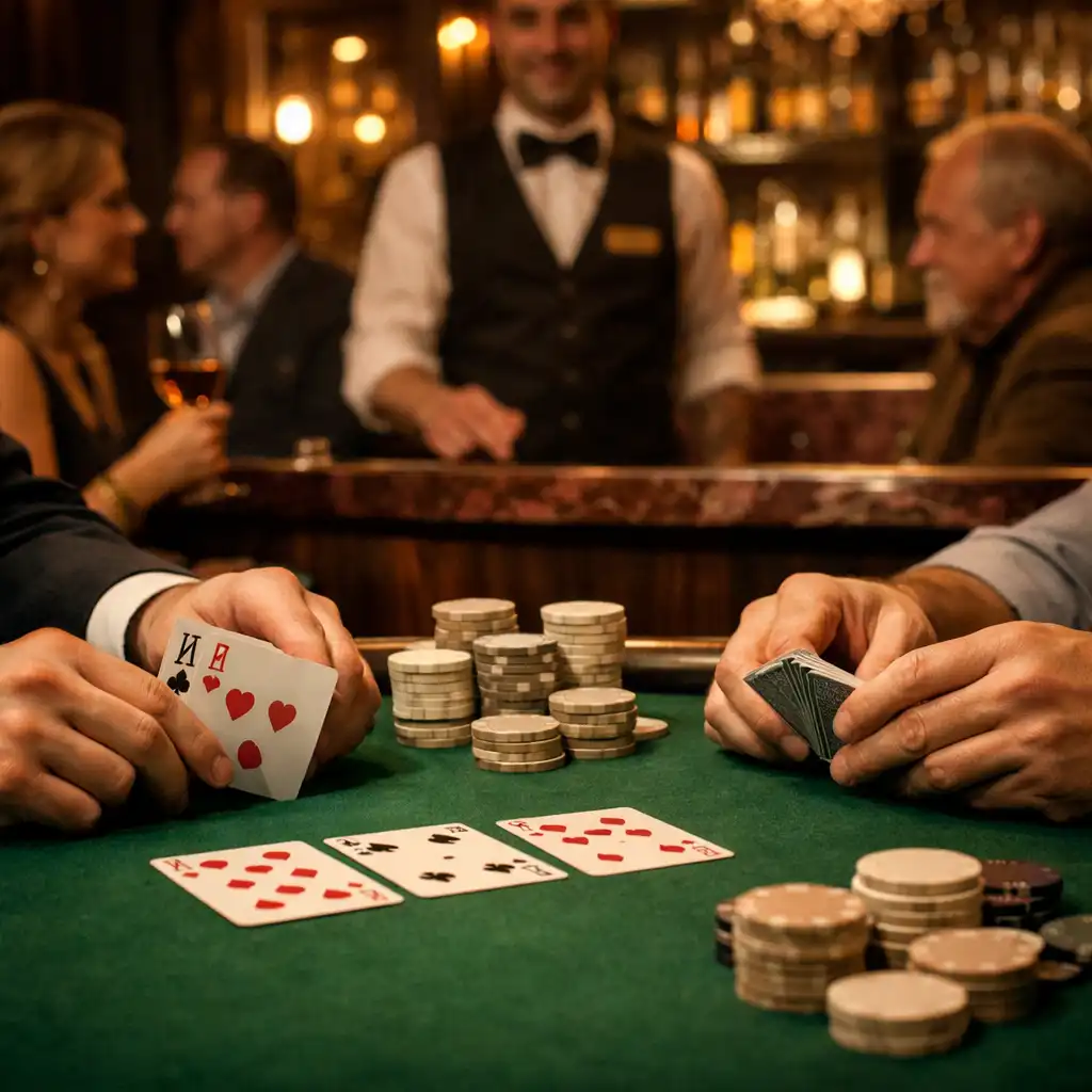 Ruce dospělých hostů u fyzického pokerového stolu v Casino Lounge