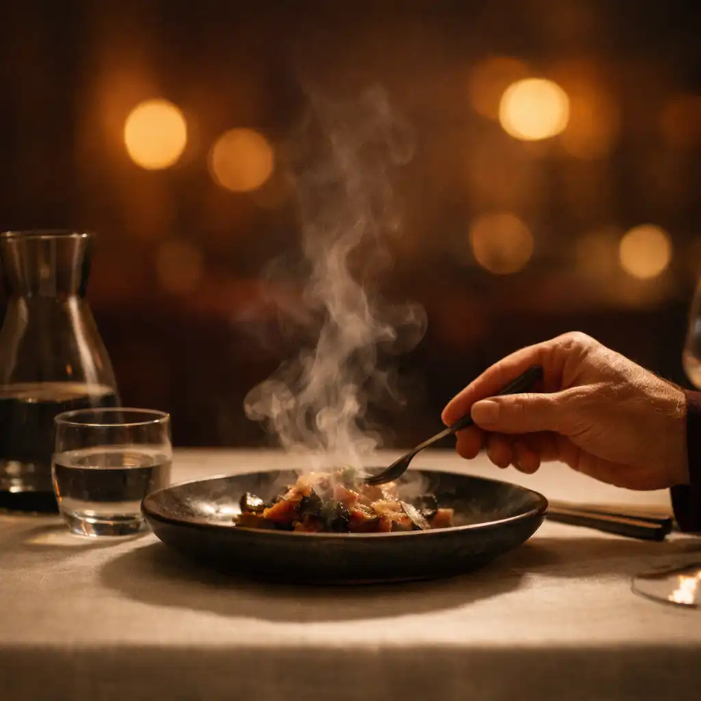 Pára nad pokrmem na tmavé keramice v restauraci