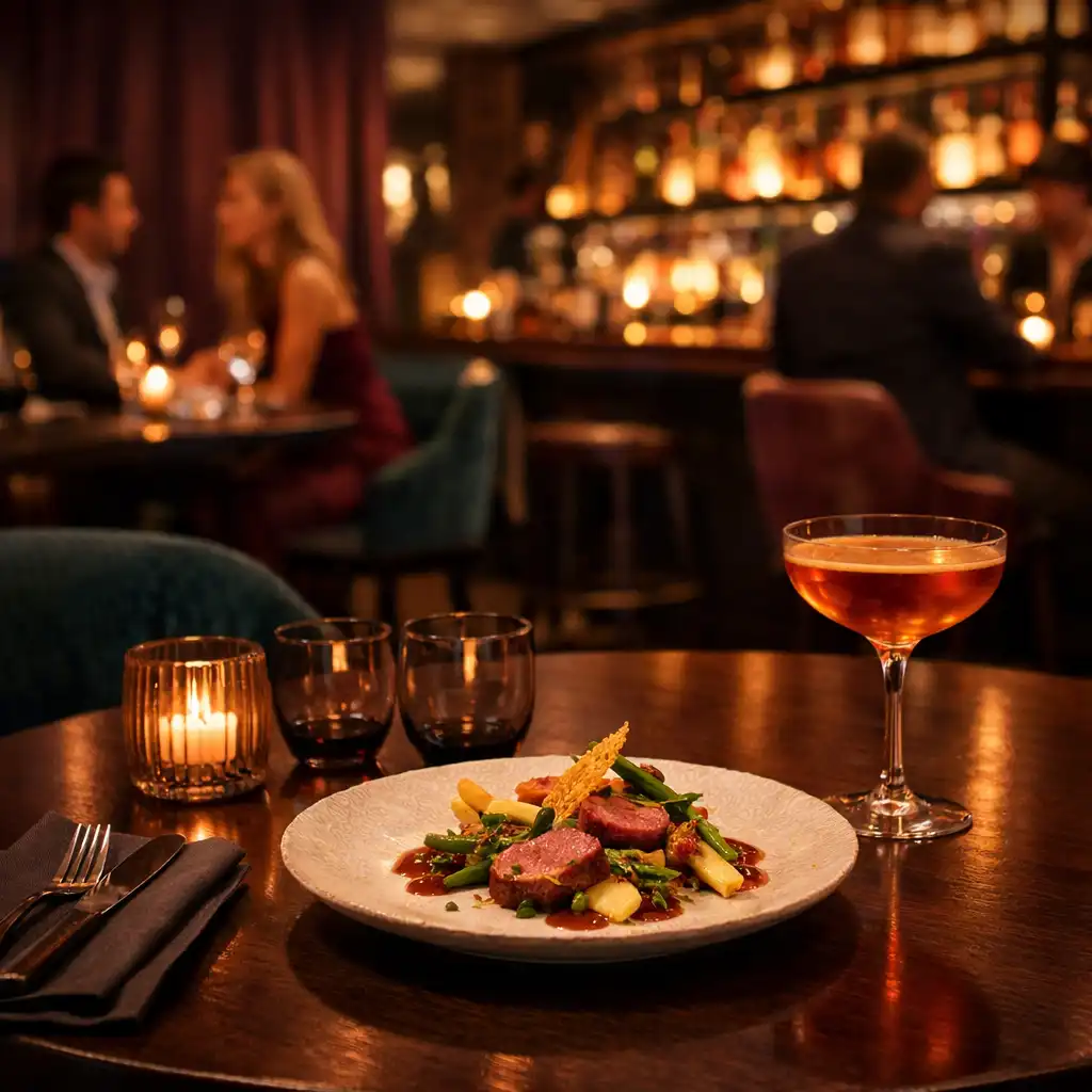 Večerní stůl s pokrmem a koktejlem v elegantní restauraci