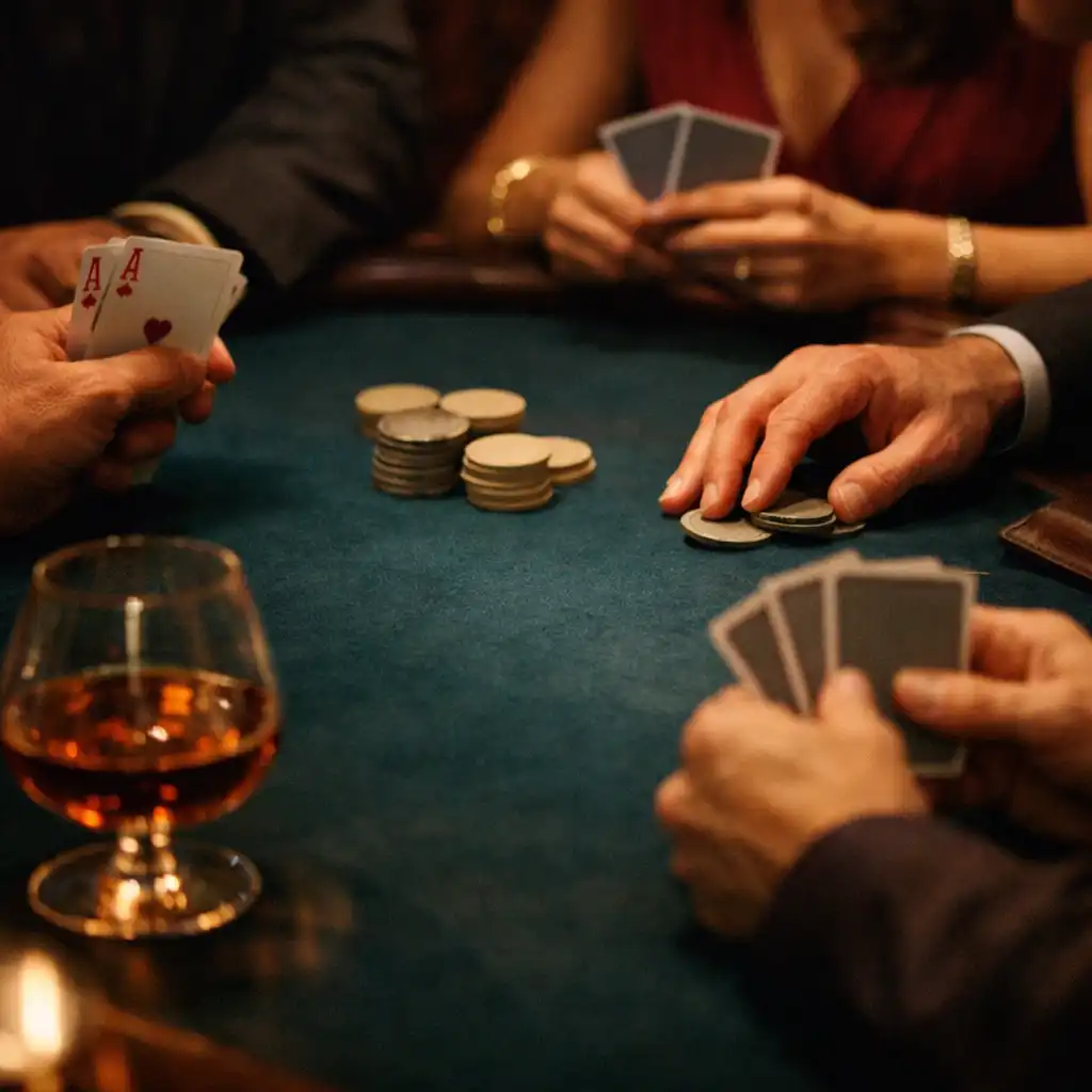Ruce hostů s reálnými kartami a neutrálními žetony nad zelenou plochou pokerového stolu
