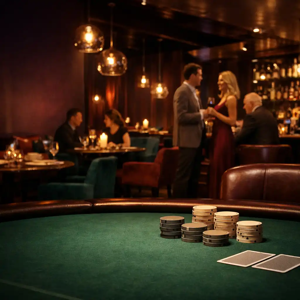 Elegantní pokerový stůl s kartami a neutrálními žetony v teplém interiéru restaurace