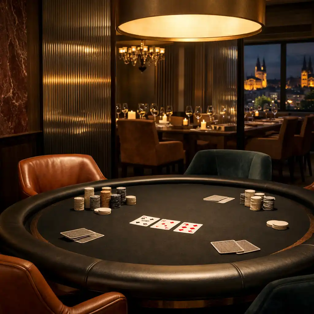 Fyzický pokerový stůl v intimně nasvíceném lounge interiéru s tmavým dřevem a kouřovým sklem