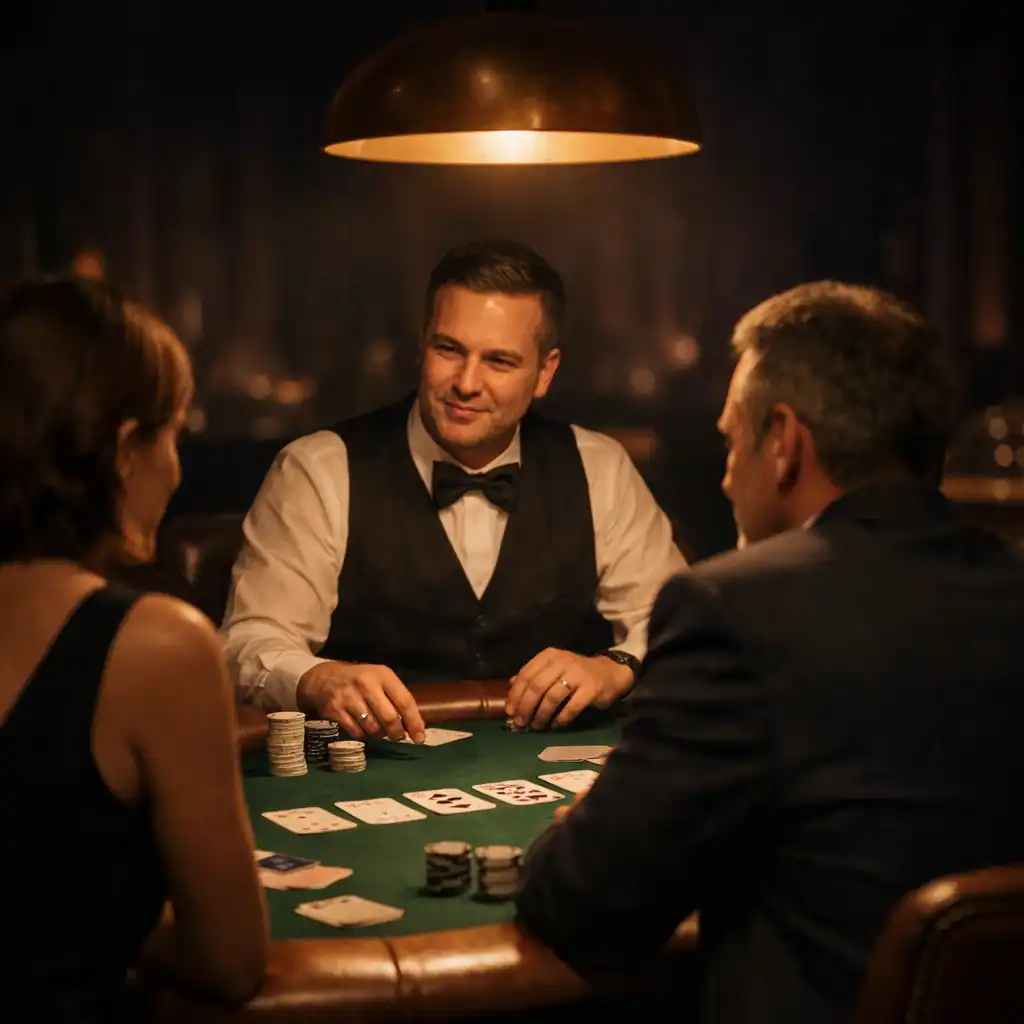 Hosté v Casino Lounge u fyzického pokerového stolu
