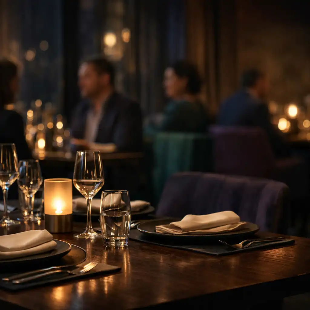 Elegantně prostřený stůl v tmavém sále restaurace