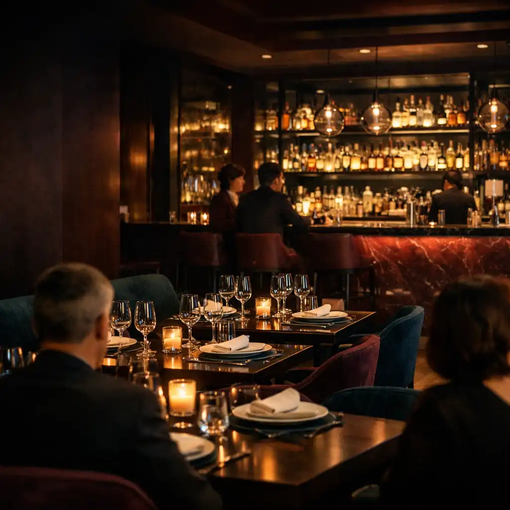 Večerní interiér restaurace se stolky a barem v pozadí