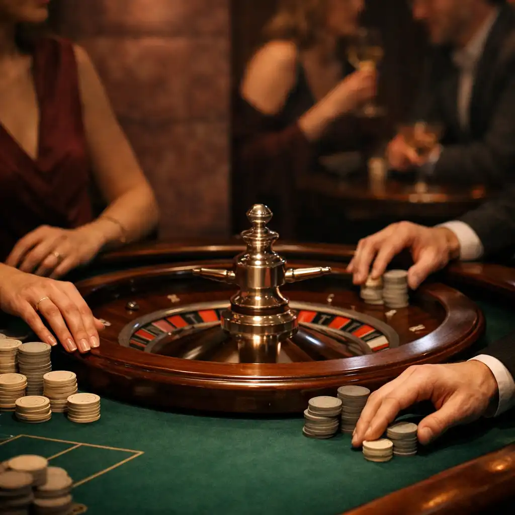 Ruce dospělých hostů u fyzického ruletního stolu v Casino Lounge