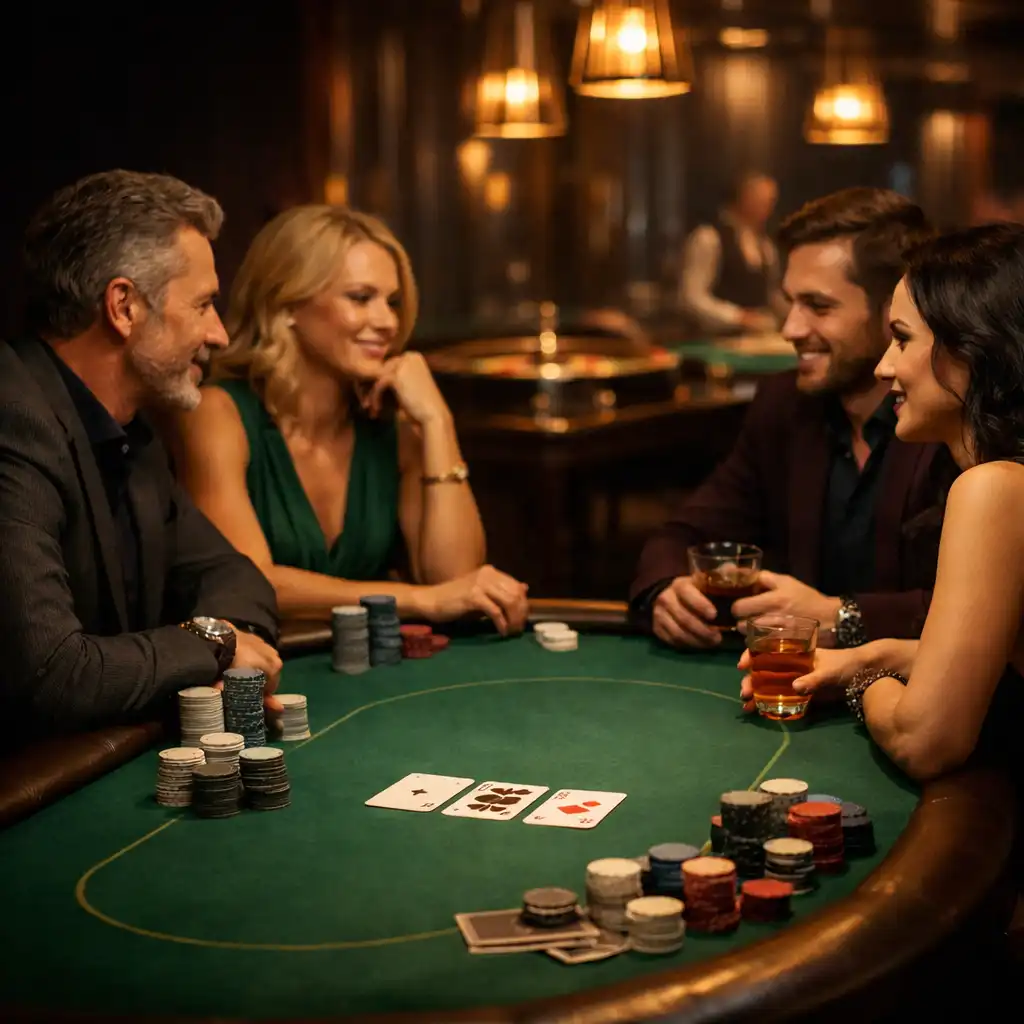 Fyzický pokerový stůl v intimním Casino Lounge s hosty v rozhovoru